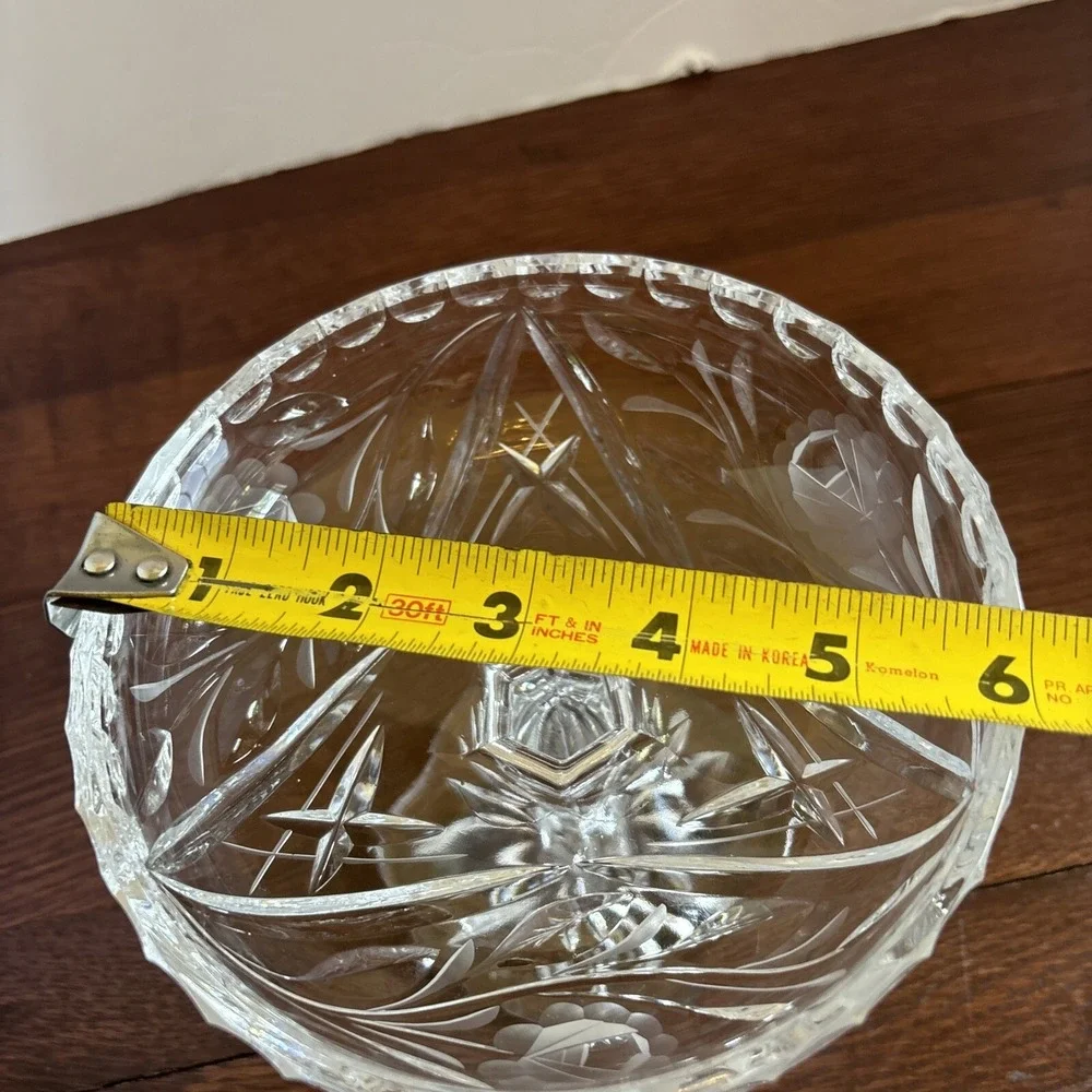 Vintage Crystal Pedestal Bowl Etched Rose Floral‎ Footed Compote Dish 6 Inch